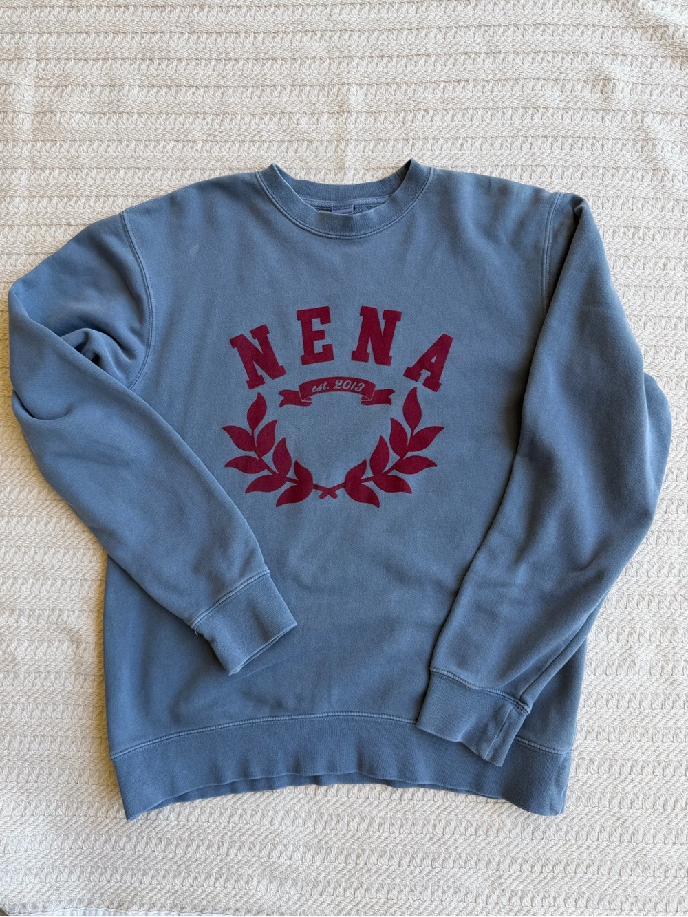 Nena & Co. Slate Blue Crewneck Sweatshirt with Maroon Logo